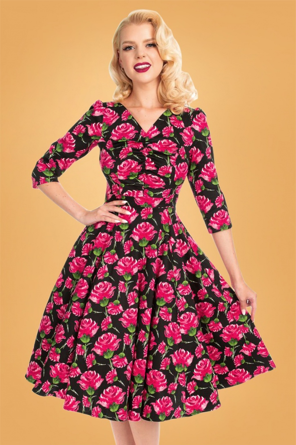 50s Ella English Rose Tea Dress in Black