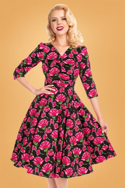 Hearts & Roses - 50s Ella English Rose Tea Dress in Black