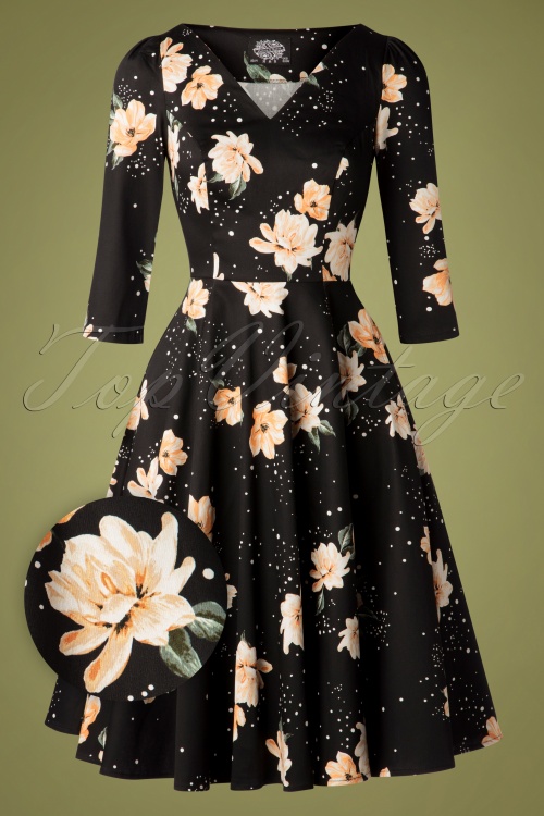 Hearts & Roses - 50s Abigail Floral Tea Dress in Black and Peach 2