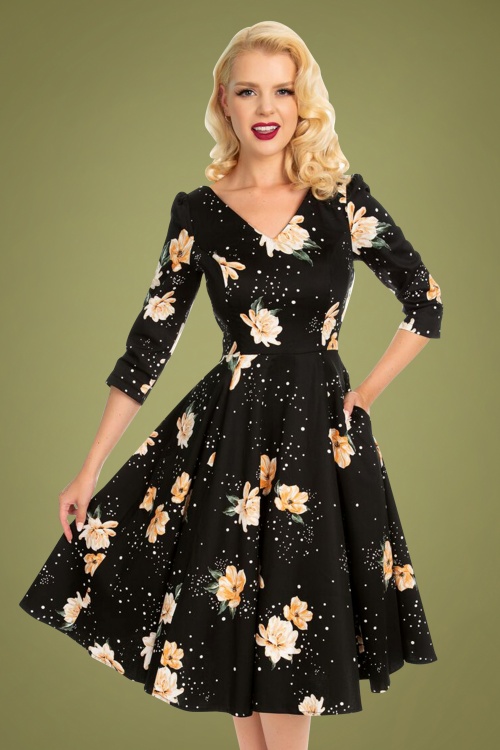 Hearts & Roses - 50s Abigail Floral Tea Dress in Black and Peach