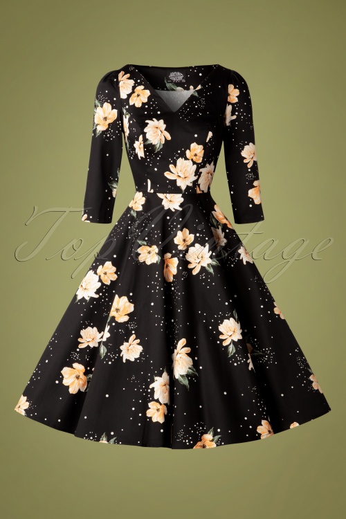 Hearts & Roses - 50s Abigail Floral Tea Dress in Black and Peach 3