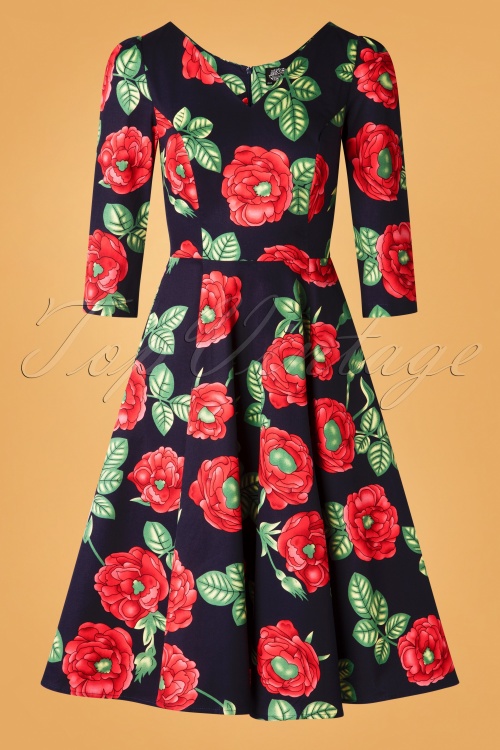 Hearts & Roses - 50s Lilian Rose Swing Dress in Navy 2