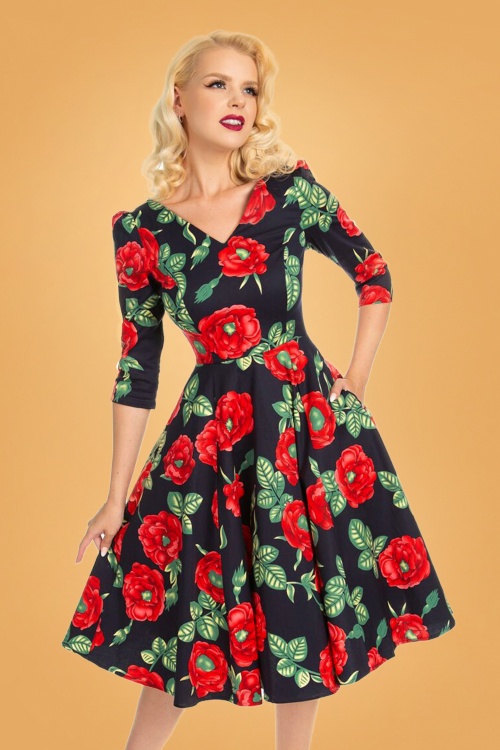 Hearts & Roses - Lilian Rose Swing Dress Années 50 en Bleu Marine