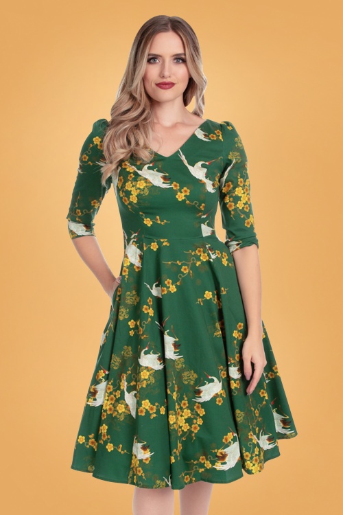 Hearts & Roses - 50s Bibi Blossom Swing Dress in Green 2