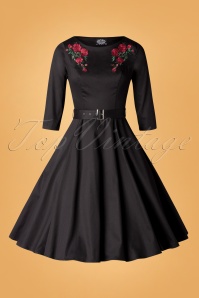 Hearts & Roses - 50s Highland Roses Swing Dress in Black 3