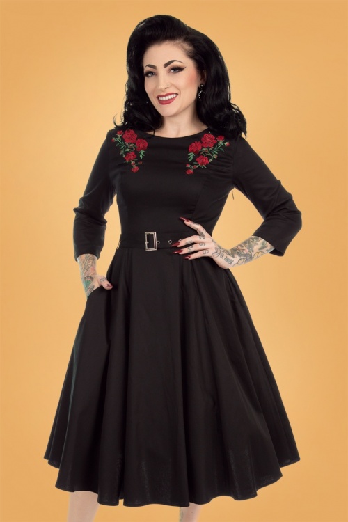 Hearts & Roses - 50s Highland Roses Swing Dress in Black