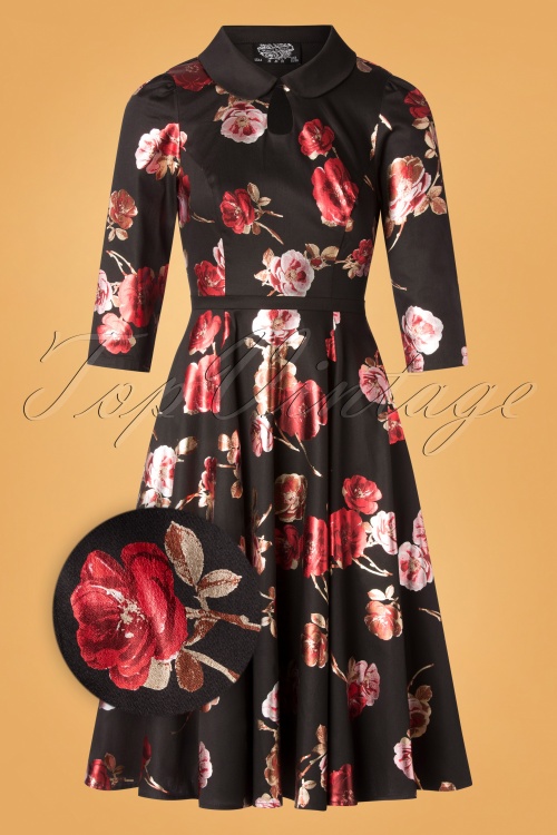 Hearts & Roses - 50s Bella Rose Metallic Swing Dress in Black 2