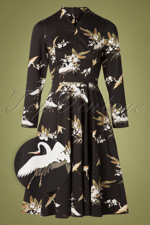 Hearts & Roses - 50s Birdie Floral Swing Dress in Black 2