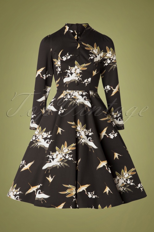 Hearts & Roses - 50s Birdie Floral Swing Dress in Black 3