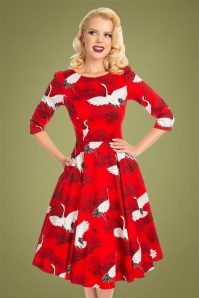Hearts & Roses - 50s Vivian Crane Bird Swing Dress in Red