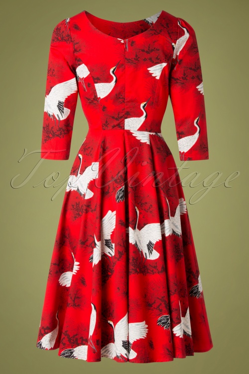 Hearts & Roses - Vivian Crane Bird Swing Dress Années 50 en Rouge 5