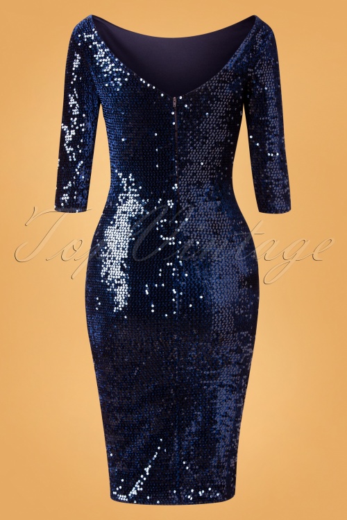 Vintage Chic for Topvintage - Arlyne Sequin Pencil Dress Années 50 en Velours Bleu Marine 5