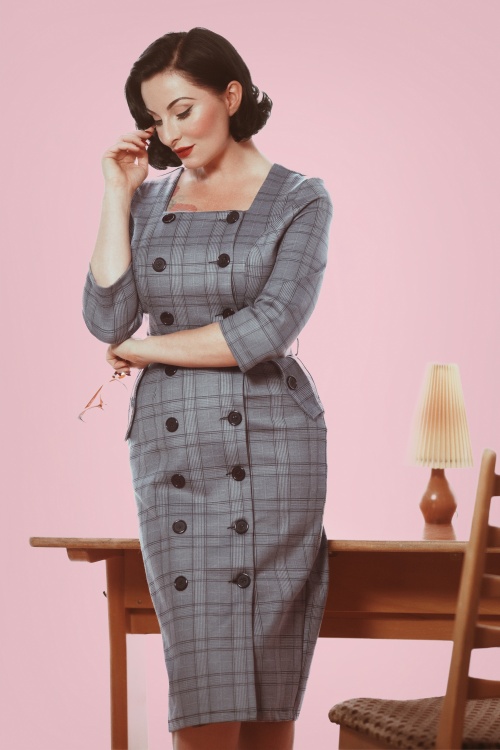 Timeless - 50s Jasmine Check Pencil Dress in Grey
