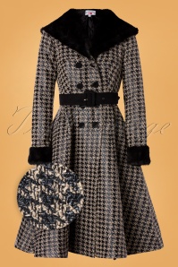 Miss Candyfloss - 50s Hazel Dora Houndstooth Winter Trench Coat in Black 3
