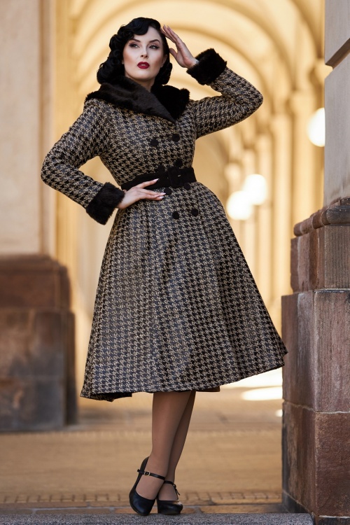 Miss Candyfloss - Hazel Dora Houndstooth Winter-Trenchcoat in Schwarz