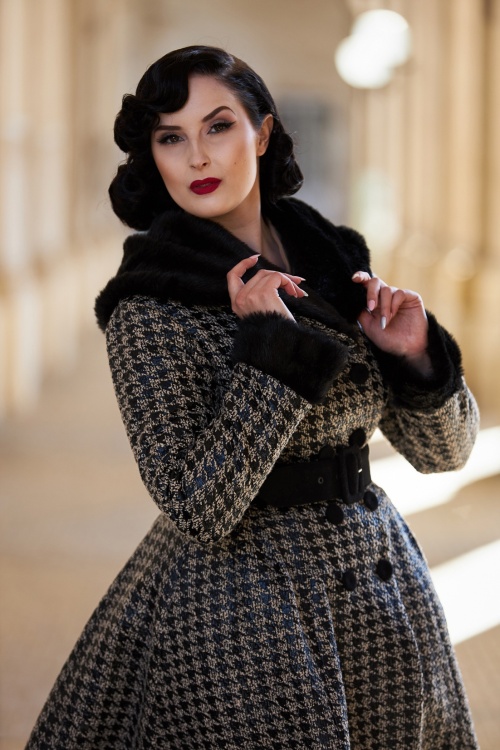 Miss Candyfloss - Hazel Dora Houndstooth Winter Trench Coat Années 50 en Noir 2