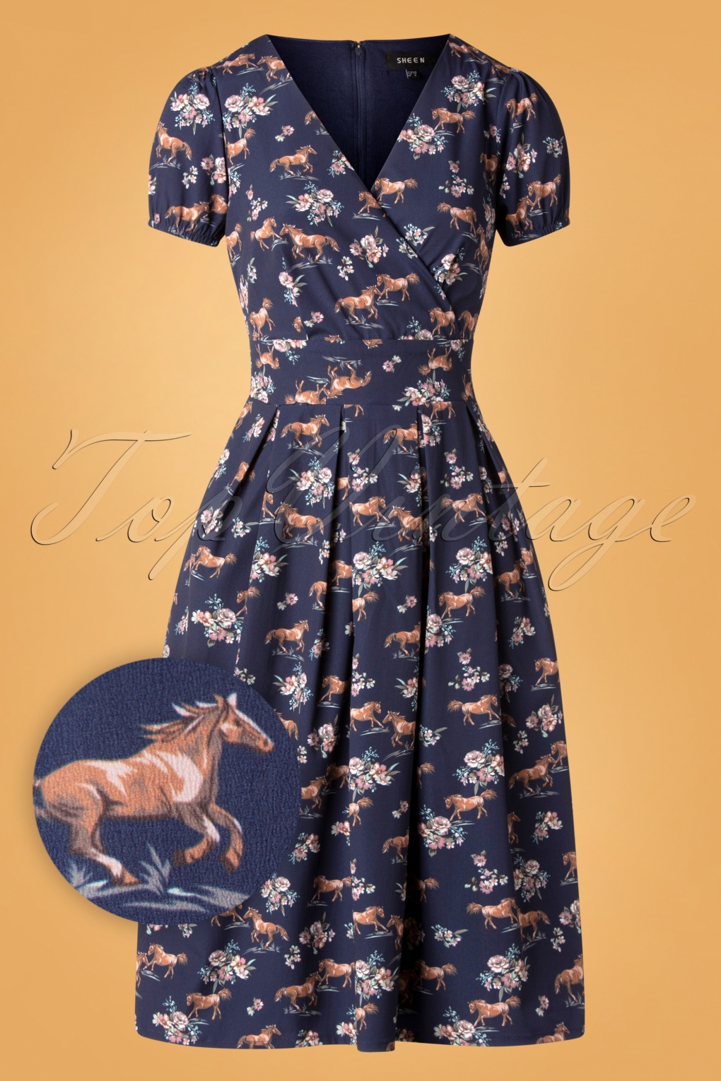 50s Wild Horses Dress in Navy
