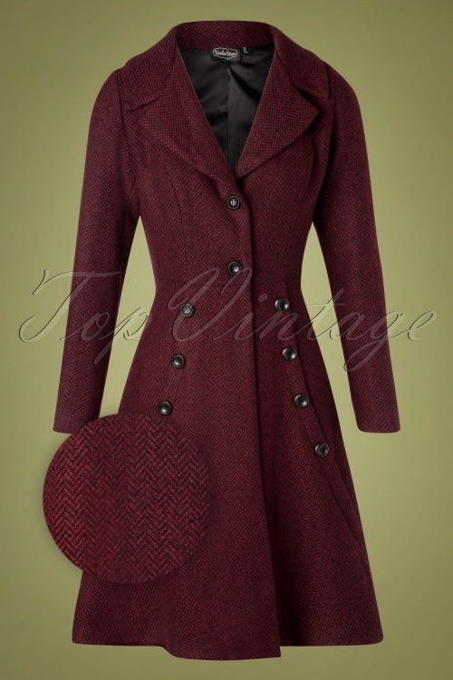 Vixen - 50s Macie Herringbone Coat in Burgundy and Black 2