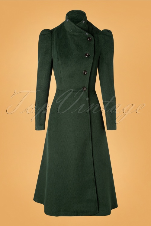 Vixen - 50s Natasha Faux Fur Leopard Trim Coat in Green 2