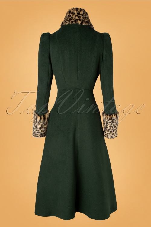 Vixen - Natasha Faux Fur Leopard Trim Coat Années 50 en Vert 6