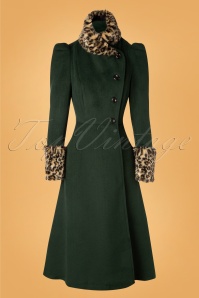 Vixen - 50s Natasha Faux Fur Leopard Trim Coat in Green 3