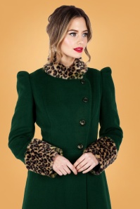 Vixen - 50s Natasha Faux Fur Leopard Trim Coat in Green 4