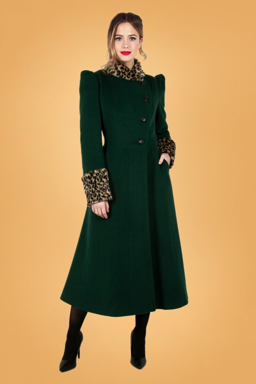 Vixen - Natasha Faux Fur Leopard Trim Coat Années 50 en Vert