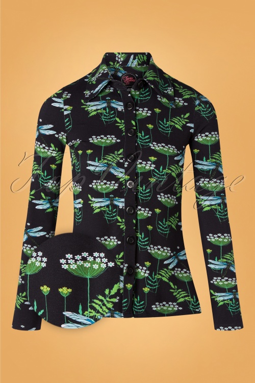 Tante Betsy - 60s Dragonfly Button Blouse in Black