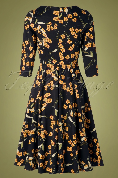 Hearts & Roses - Florence Floral Swing Dress Années 50 en Noir  6