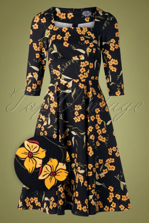 Hearts & Roses - 50s Florence Floral Swing Dress in Black 2