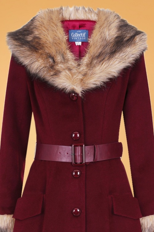 Collectif Clothing - 50s Berenice Faux Fur Swing Coat in Burgundy 5