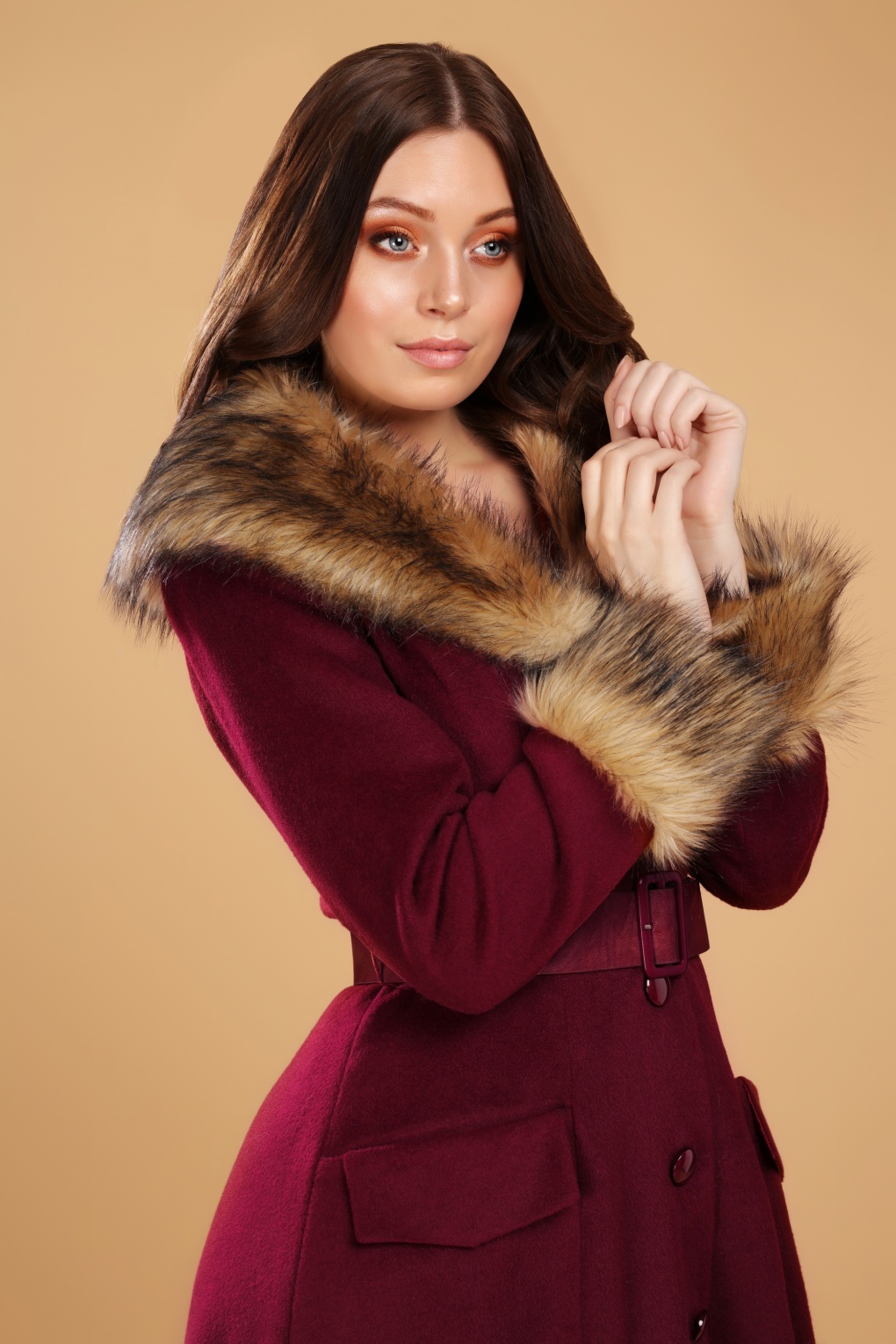 50s Berenice Faux Fur Swing Coat in Burgundy