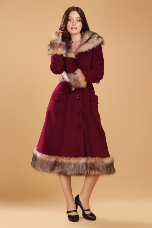 Collectif Clothing - 50s Berenice Faux Fur Swing Coat in Burgundy 4
