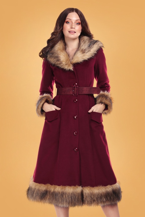 Collectif Clothing - 50s Berenice Faux Fur Swing Coat in Burgundy