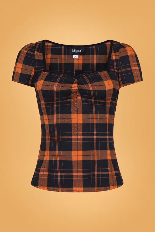 Collectif Clothing - Mimi Pumpkin Check Top Années 50 en Noir et Orange 2