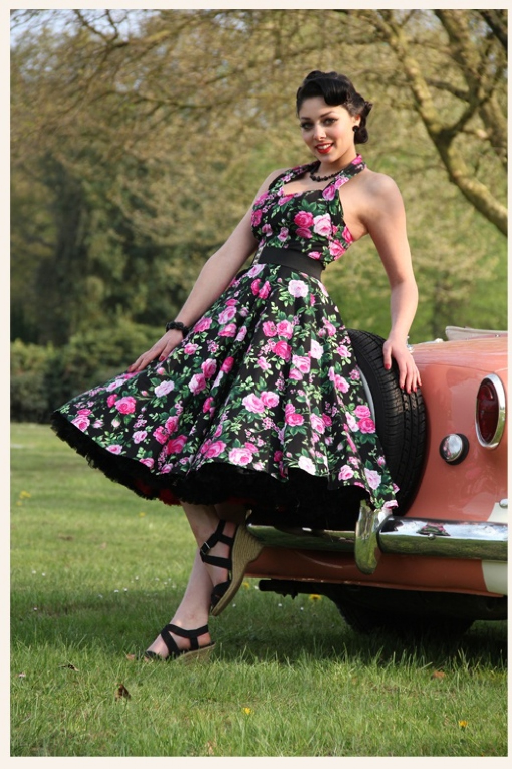 Beste 50s Retro halter Rosa black swing dress HF-22