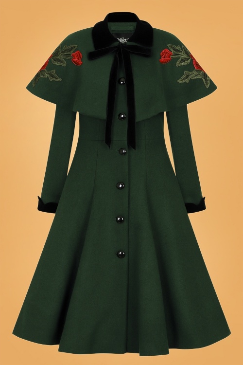Collectif Clothing - 40s Claudia Coat And Floral Cape in Green Wool 3