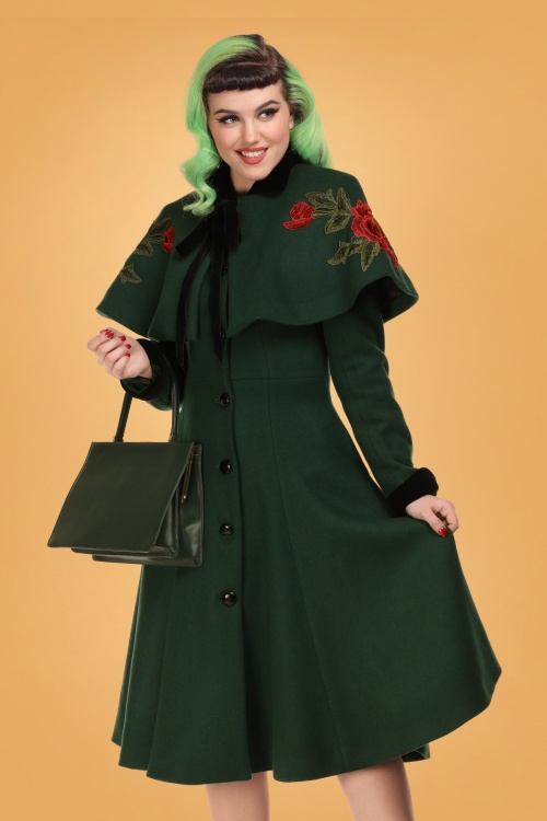 Collectif Clothing - 40s Claudia Coat And Floral Cape in Green Wool