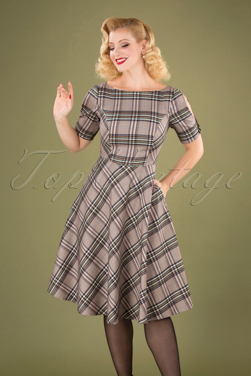 Banned Retro - 40s Check In Swing Dress in Blue and Brown
