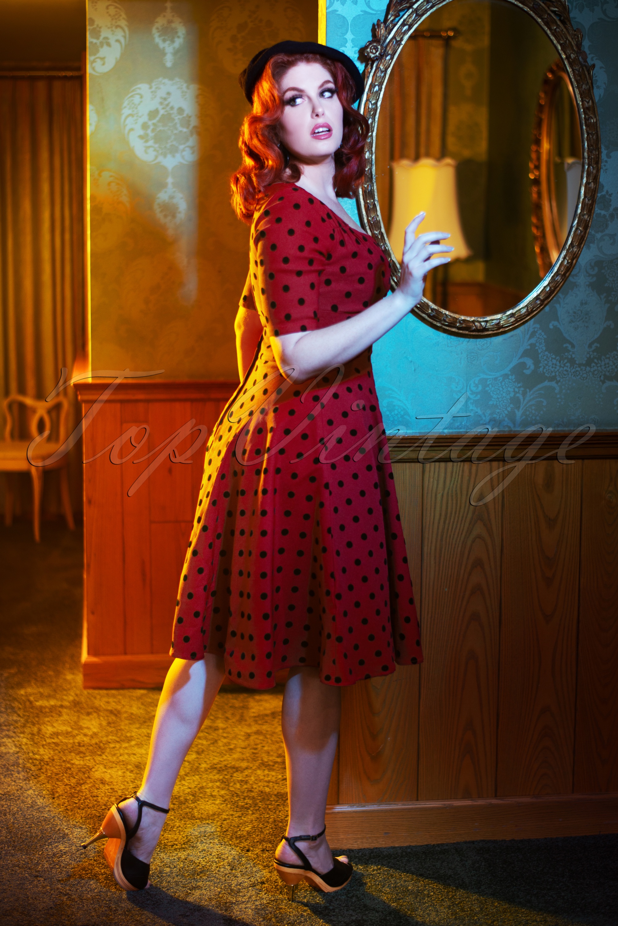 Collectif ♥ Topvintage - Trixie Polka Flock pop-swingjurk in rood 2