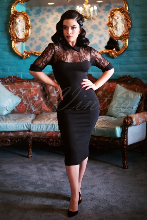 Collectif ♥ Topvintage - 50s Wednesday Lace Pencil Dress in Black