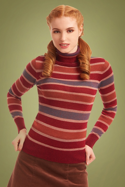 Bright and Beautiful - 60s Tova Striped Quirky Turtleneck Top in Red 2