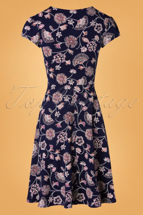 Topvintage Boutique Collection - Leona Floral Swing Dress Années 50 en Bleu Marine 2