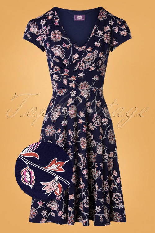 Topvintage Boutique Collection - 50s Leona Floral Swing Dress in Navy