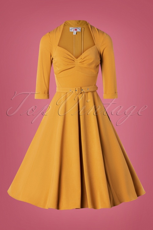 Miss Candyfloss - 50s Naila Bombshell Swing Dress in Mustard 2