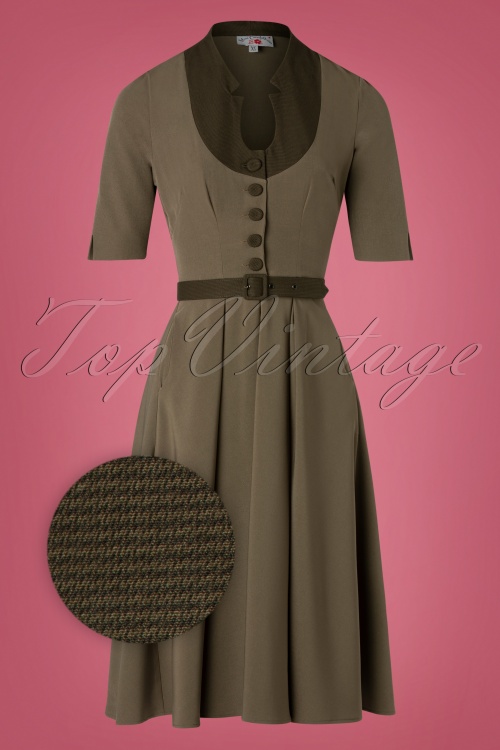 Miss Candyfloss - 40s Judith Houndstooth Swing Dress in Khaki Green