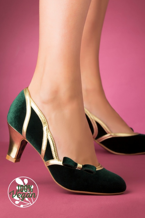 Bettie Page Shoes - Camille Velvet Pumps Années 20 en Vert