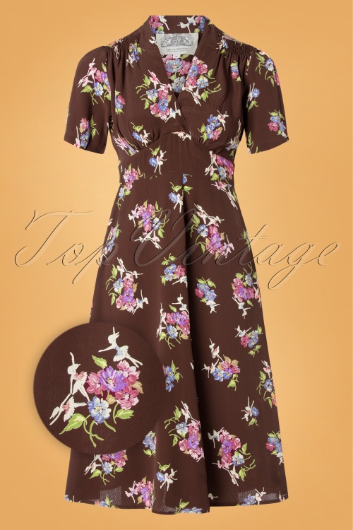 The Seamstress of Bloomsbury - 40s Delores Floral Dancer Swing Dress in Brown