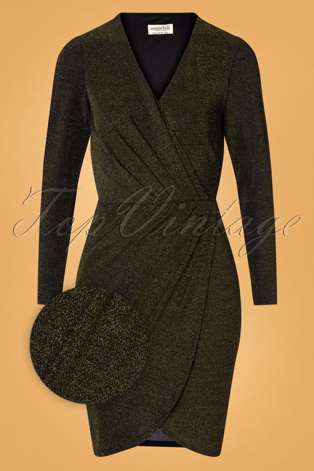 50s Kelli Sparkle Wrap Dress in Black and Gold