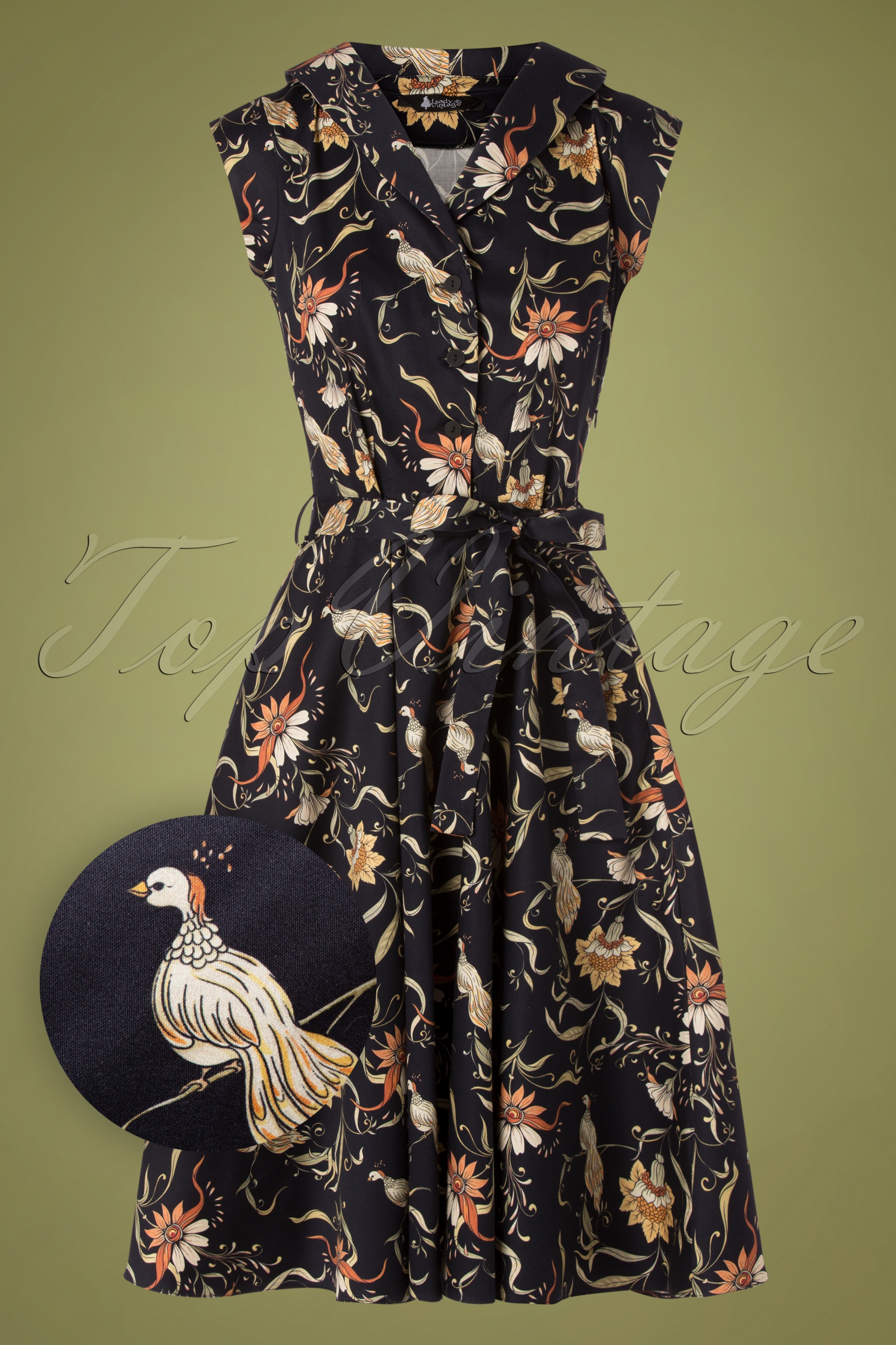 Lady V by Lady Vintage - Florence Bird bloemenjurk in zwart